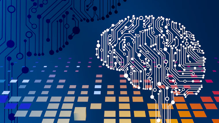 An abstract circuit board rendered as a neural network