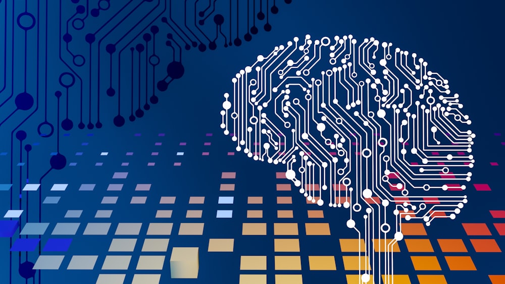 un circuito stampato del computer con un cervello su di esso