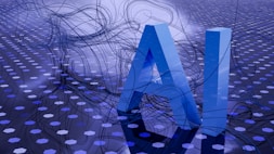 Large blue letters 'AI' stand prominently on a surface covered with a pattern of hexagonal shapes. Dark swirling lines intersect around the letters, creating a sense of motion and complexity. The background has a metallic sheen with a futuristic, digital style.