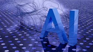 Large blue letters 'AI' stand prominently on a surface covered with a pattern of hexagonal shapes. Dark swirling lines intersect around the letters, creating a sense of motion and complexity. The background has a metallic sheen with a futuristic, digital style.
