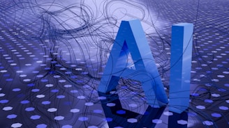 Large blue letters 'AI' stand prominently on a surface covered with a pattern of hexagonal shapes. Dark swirling lines intersect around the letters, creating a sense of motion and complexity. The background has a metallic sheen with a futuristic, digital style.