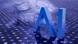 Large blue letters 'AI' stand prominently on a surface covered with a pattern of hexagonal shapes. Dark swirling lines intersect around the letters, creating a sense of motion and complexity. The background has a metallic sheen with a futuristic, digital style.