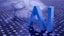 Large blue letters 'AI' stand prominently on a surface covered with a pattern of hexagonal shapes. Dark swirling lines intersect around the letters, creating a sense of motion and complexity. The background has a metallic sheen with a futuristic, digital style.