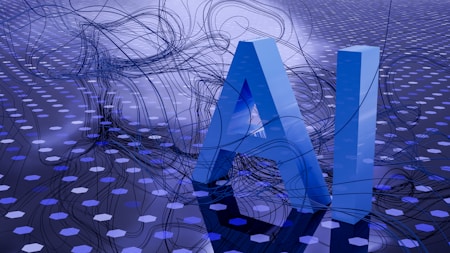 Large blue letters 'AI' stand prominently on a surface covered with a pattern of hexagonal shapes. Dark swirling lines intersect around the letters, creating a sense of motion and complexity. The background has a metallic sheen with a futuristic, digital style.