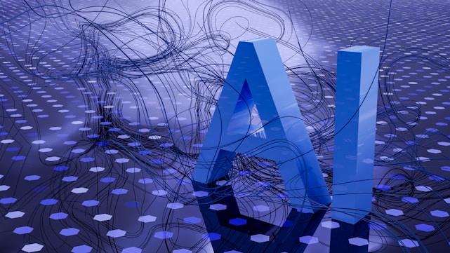 Large blue letters 'AI' stand prominently on a surface covered with a pattern of hexagonal shapes. Dark swirling lines intersect around the letters, creating a sense of motion and complexity. The background has a metallic sheen with a futuristic, digital style.