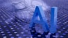 Large blue letters 'AI' stand prominently on a surface covered with a pattern of hexagonal shapes. Dark swirling lines intersect around the letters, creating a sense of motion and complexity. The background has a metallic sheen with a futuristic, digital style.