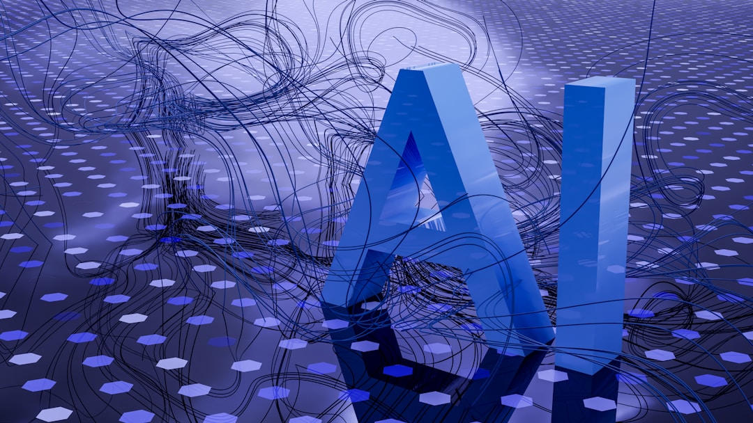 Alt text: Digital art depicting 3D letters spelling "AI" covered by swirling lines against a background filled with geometric shapes.