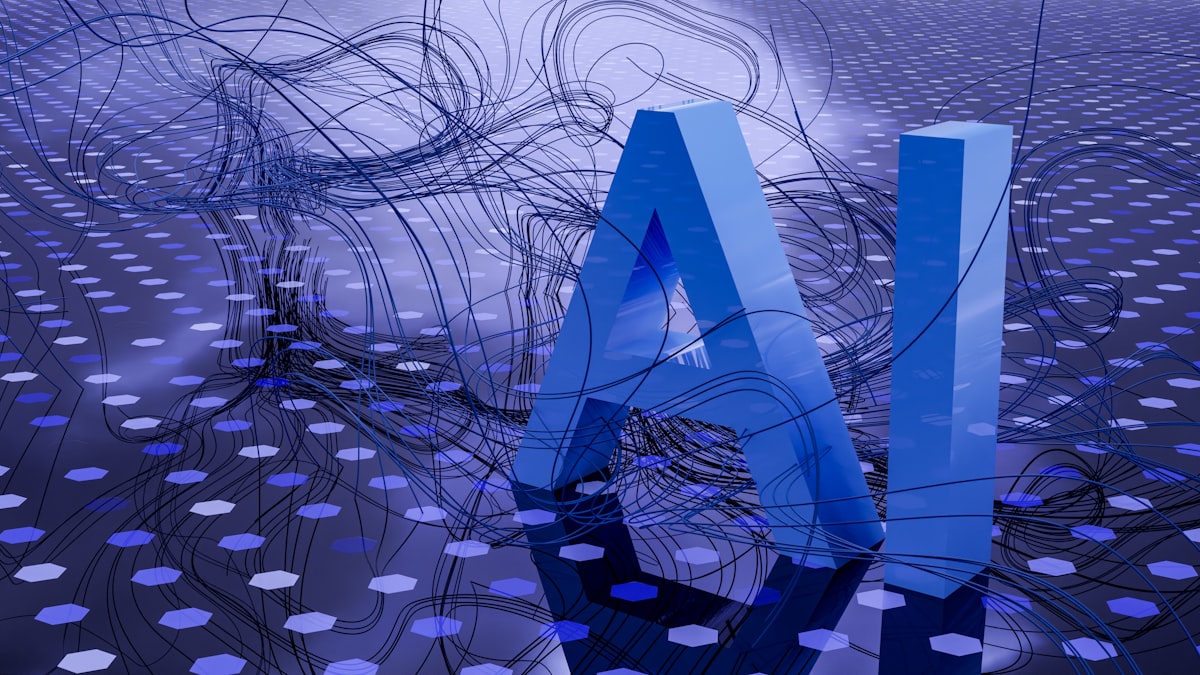 3D rendered AI letters over a data network grid, representing artificial intelligence systems