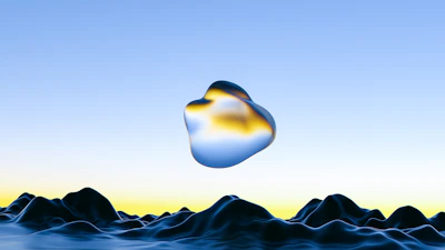 A sleek 1950s style flying saucer hovering above a surreal landscape dotted with giant shadows.