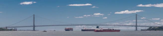 High-resolution image of Panama's port with cargo ships and the Bridge of the Americas in the background under a clear sky.
