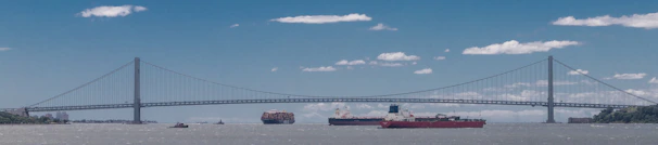 High-resolution image of Panama's port with cargo ships and the Bridge of the Americas in the background under a clear sky.