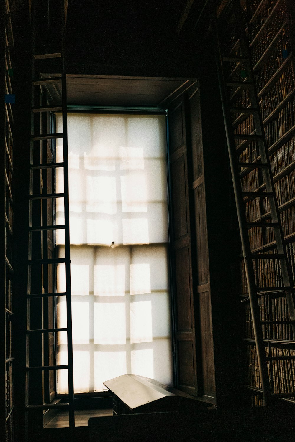 a ladder that is next to a window