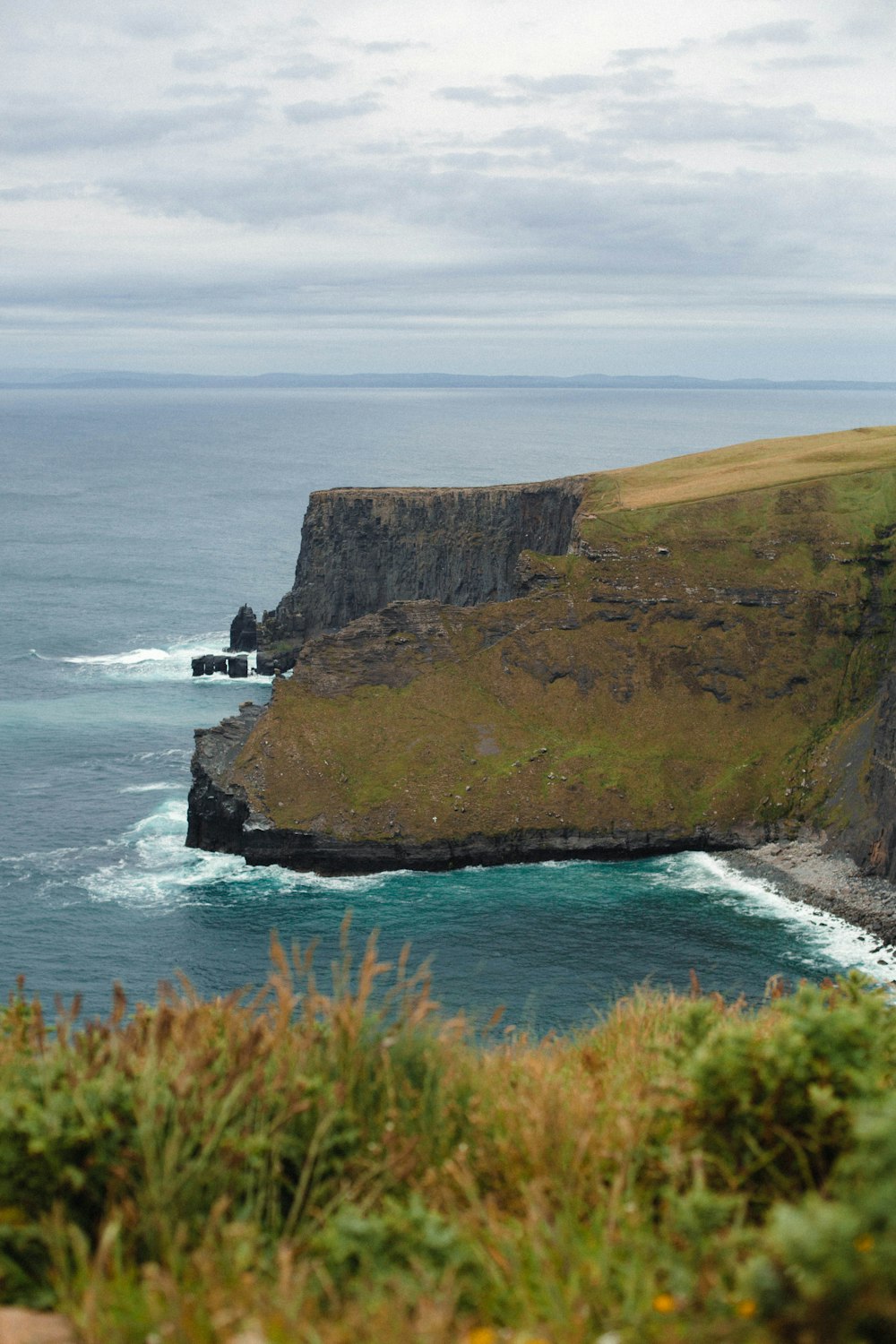 a couple of sheep standing on top of a lush green hillside