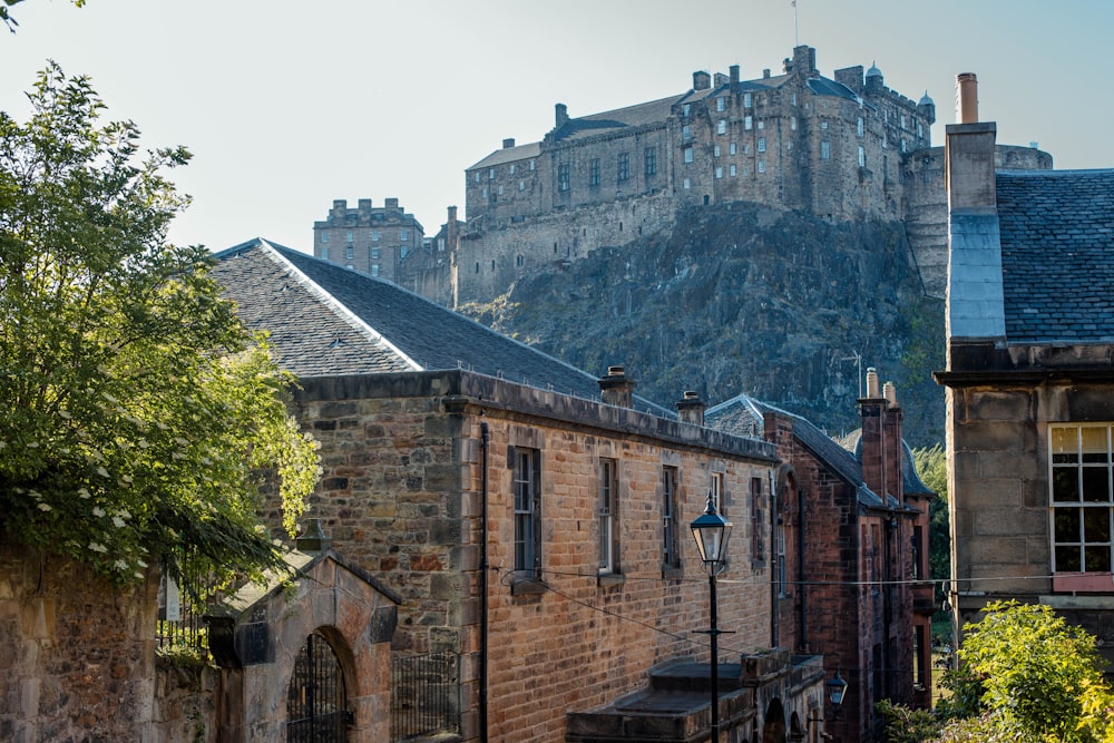 a view of a city with a castle in the background