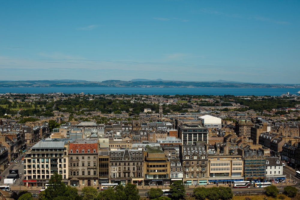 a view of a city with a body of water in the distance