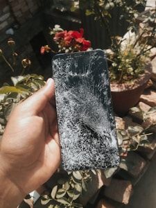 A hand holds a smartphone with a severely cracked screen, set against an outdoor background with vibrant red flowers and green foliage.