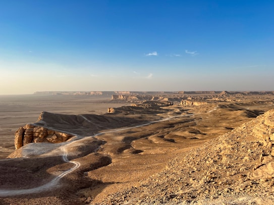 A vast desert landscape with undulating sand dunes and rock formations under a clear blue sky. The terrain is marked with winding paths, likely created by natural elements. The horizon extends far into the distance, giving an impression of open, untouched wilderness.