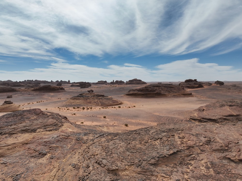 a desert landscape with rocks and sand under a cloudy sky