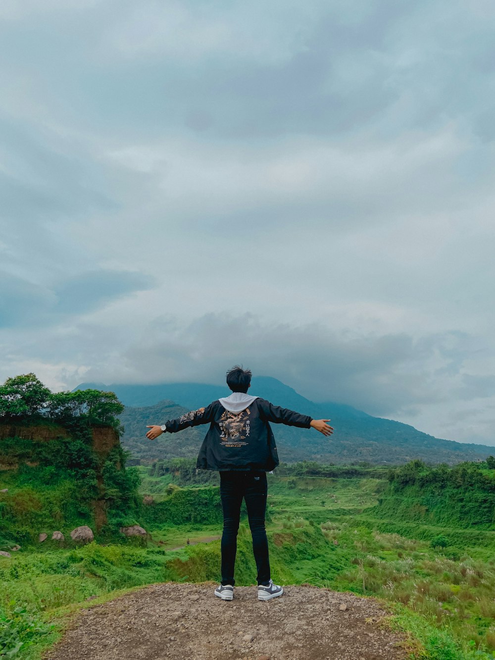 a man standing on top of a lush green hillside