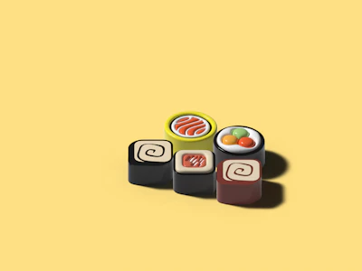 Close-up of colorful sushi rolls arranged with playful swift bird illustrations.