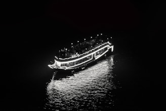 A boat adorned with bright lights is cruising at night, creating a luminous reflection on the water below. The scene is captured in a monochrome setting, emphasizing the contrast between light and dark.