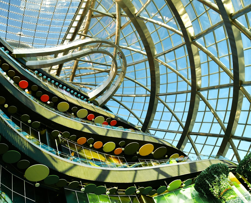 the inside of a building with a glass ceiling