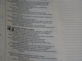 A close-up of an open book page containing text in a column format. The text includes chapter and verse numbers, suggesting a scriptural or biblical passage. The text is organized with some bold headings and varying indentation levels.