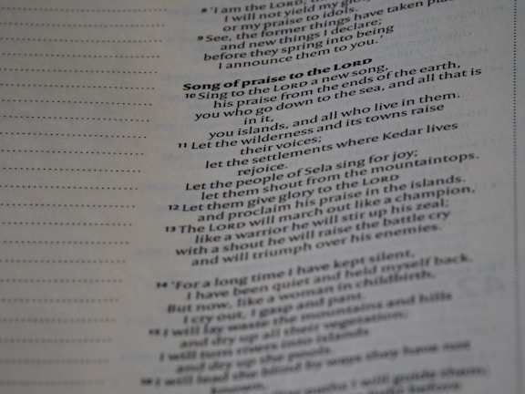 Text from a religious book printed on a page, focusing on a section titled 'Song of praise to the Lord'. It includes verses with poetic language praising divine qualities and actions.