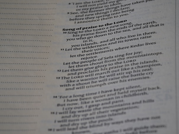 Text from a religious book printed on a page, focusing on a section titled 'Song of praise to the Lord'. It includes verses with poetic language praising divine qualities and actions.