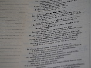 Text from a religious book printed on a page, focusing on a section titled 'Song of praise to the Lord'. It includes verses with poetic language praising divine qualities and actions.