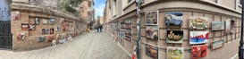 A street lined with brick and stucco walls displays numerous colorful paintings. The artwork is hung on both sides of the narrow path, creating a vibrant outdoor gallery. People are walking and observing the art, adding life to the scene. The setting feels urban, possibly in a historic district.