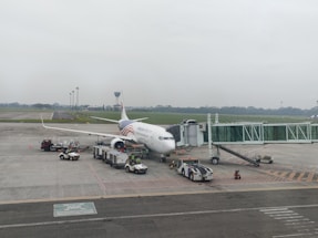 A commercial airplane is parked at the airport gate, connected to a jet bridge. Ground service vehicles, including baggage carts and fuel trucks, are positioned around the aircraft. The runway and a control tower are visible in the background, along with a cloudy sky.