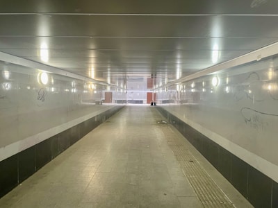 A long, empty underground pedestrian tunnel with smooth, shiny surfaces and fluorescent lighting along the walls. The tunnel is lined with graffiti and has a cold, industrial appearance with a mixture of metal and concrete materials. It stretches into the distance, creating a sense of depth and perspective.