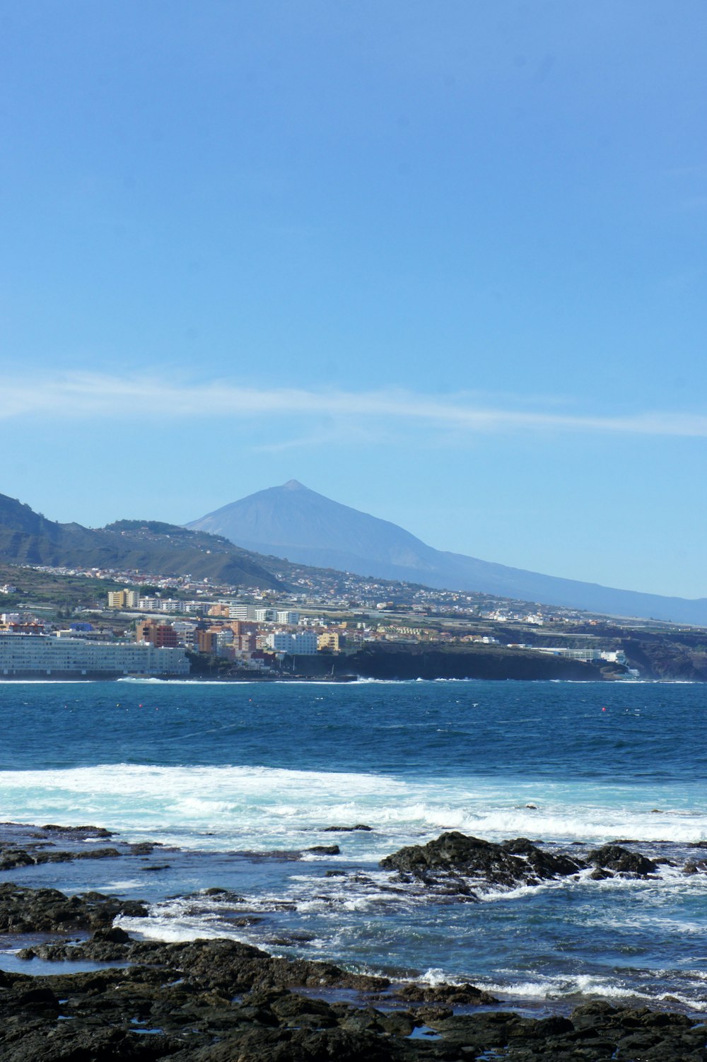 a large body of water with a city in the background