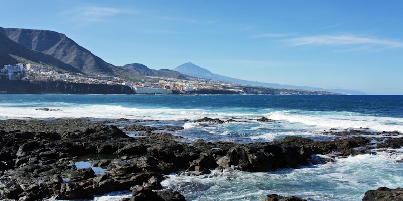 View of Bajamar and Teida volcano, Punta del Hidalgo, San Cristóbal de La Laguna, Tenerife, Canary Islands