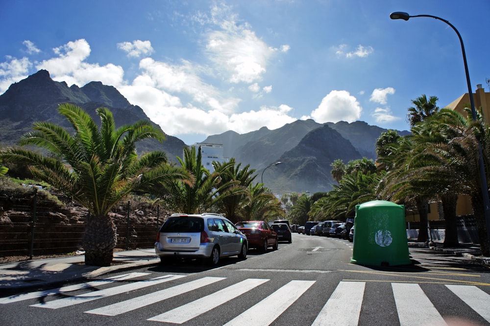 a city street with palm trees and mountains in the background