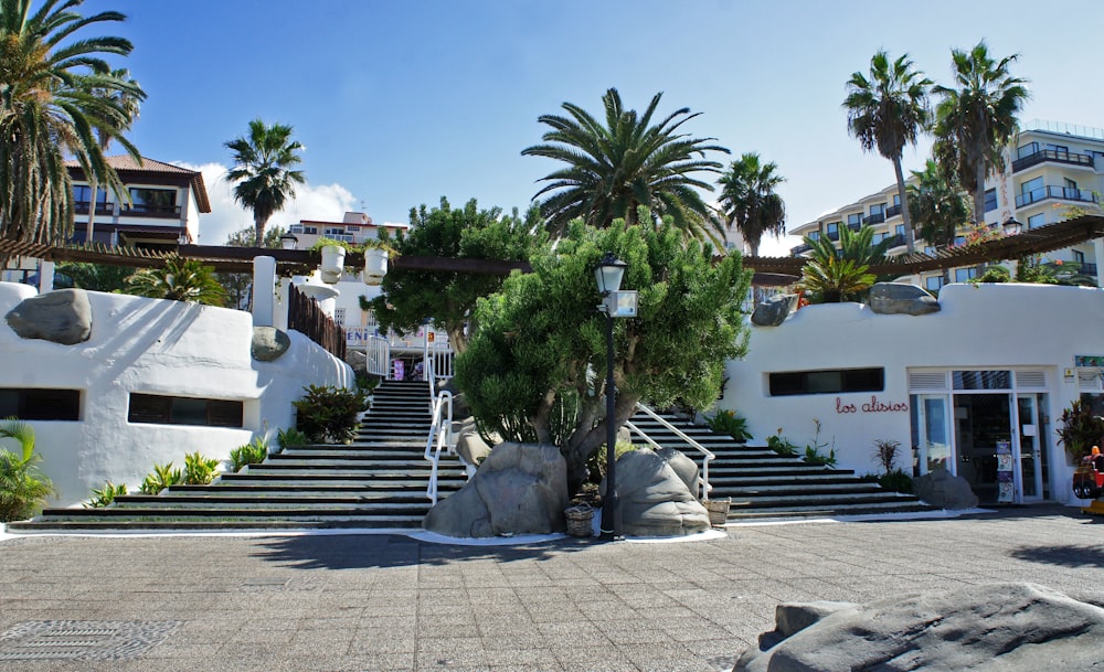 a building with palm trees in front of it