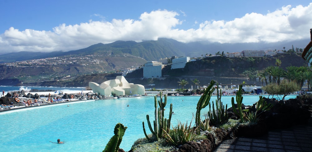 a large swimming pool with a mountain in the background