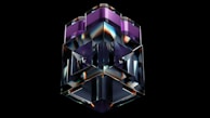 A 3D geometric sculpture with a glossy, reflective surface is centered against a black background. The structure features complex shapes with sharp edges and consists of transparent and purple-tinted sections.
