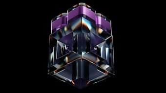 A 3D geometric sculpture with a glossy, reflective surface is centered against a black background. The structure features complex shapes with sharp edges and consists of transparent and purple-tinted sections.