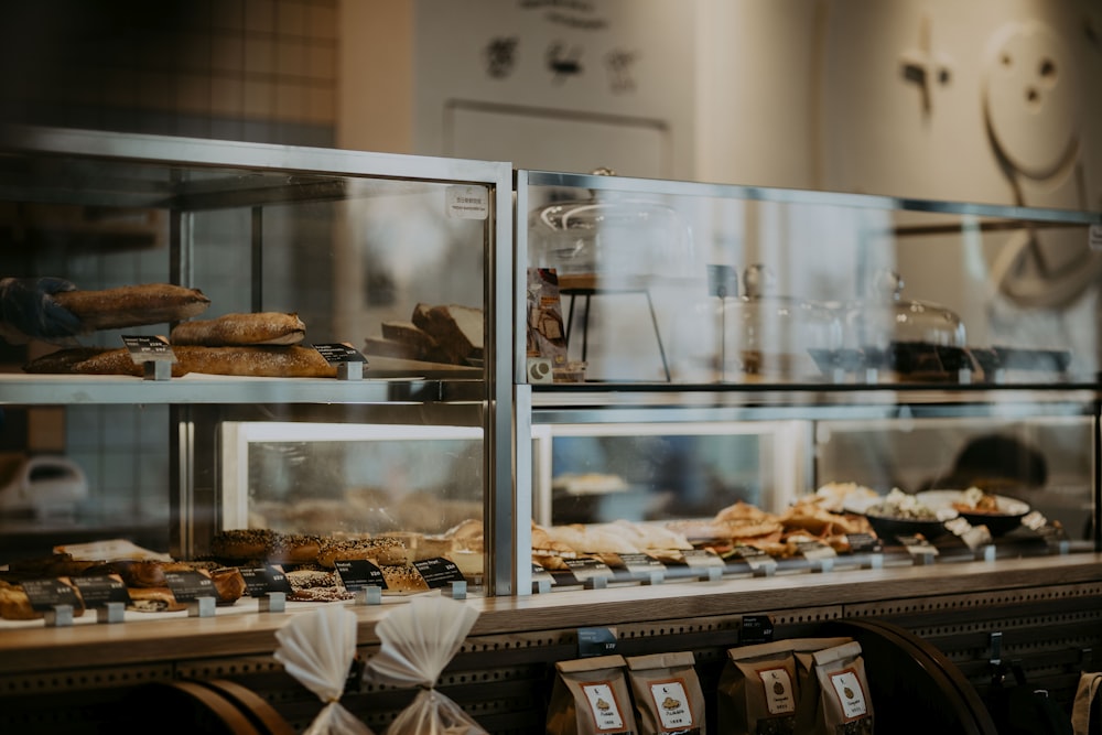 a display case filled with lots of different types of pastries