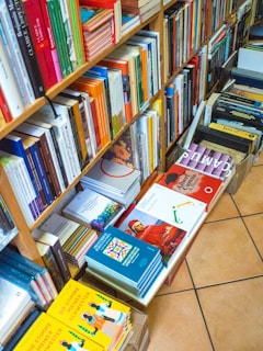The image displays a well-organized bookshelf filled with a variety of colorful books. Books are stacked vertically on shelves, and there are also piles of books placed horizontally on the floor, organized in boxes. The titles and spines of the books exhibit a range of colors, including reds, oranges, yellows, blues, and greens.