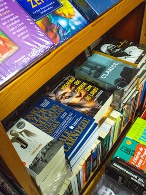 A bookshelf filled with various books, including titles in different languages. Some visible books include 'Mulheres que Correm com os Lobos' and 'Clarice'. The books are stacked in an orderly manner, with some lying flat and others standing upright. The shelves are wooden, adding a warm tone to the setting.