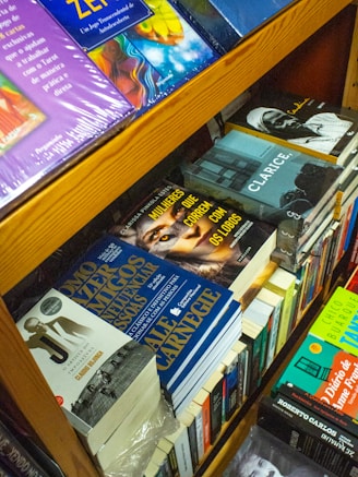 A bookshelf filled with various books, including titles in different languages. Some visible books include 'Mulheres que Correm com os Lobos' and 'Clarice'. The books are stacked in an orderly manner, with some lying flat and others standing upright. The shelves are wooden, adding a warm tone to the setting.