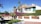 A picturesque Mediterranean-style house with white walls and terracotta roof tiles. Lush greenery and vibrant bougainvillea adorn the garden. Palm trees and hedges contribute to the tropical feel, while clear blue skies enhance the serene atmosphere.