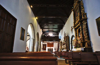 A serene view of the sanctuary's main altar bathed in soft natural light, highlighting religious statues and stained glass.