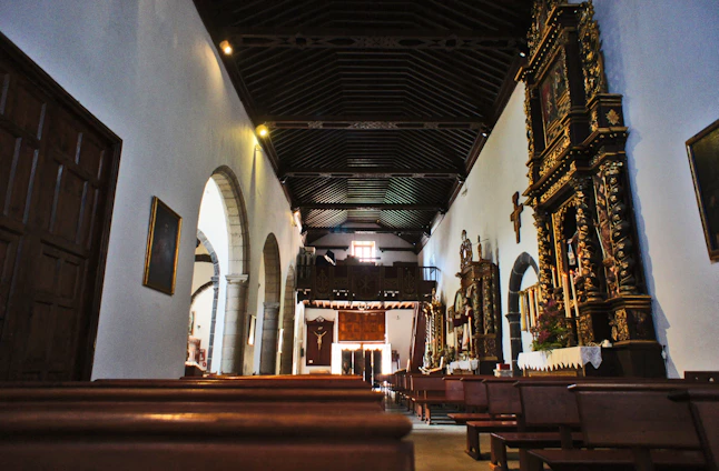 A serene view of the sanctuary's main altar bathed in soft natural light, highlighting religious statues and stained glass.
