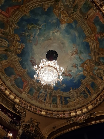 An opulent theater ceiling featuring a large, ornate chandelier hanging from the center. The ceiling is artistically decorated with elaborate murals of classical figures and scenes, surrounded by gold leaf and intricate architectural detailing.