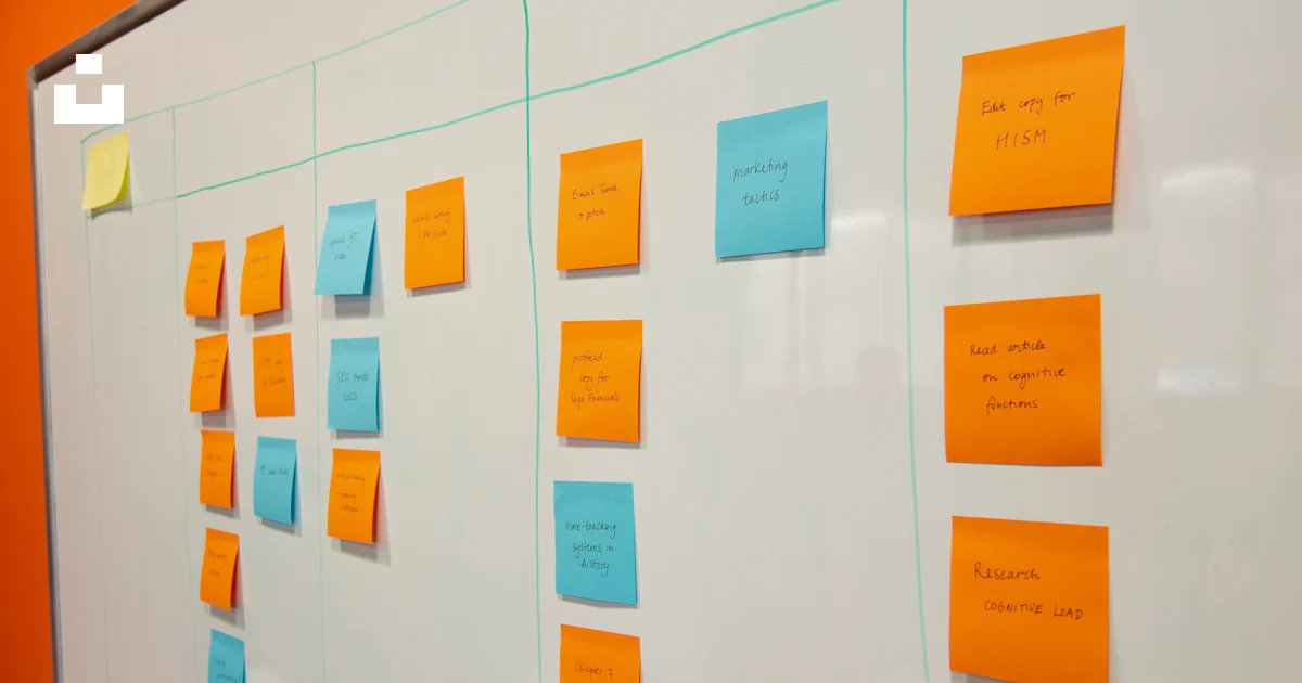 A white board with sticky notes attached to it photo – Free Planning ...