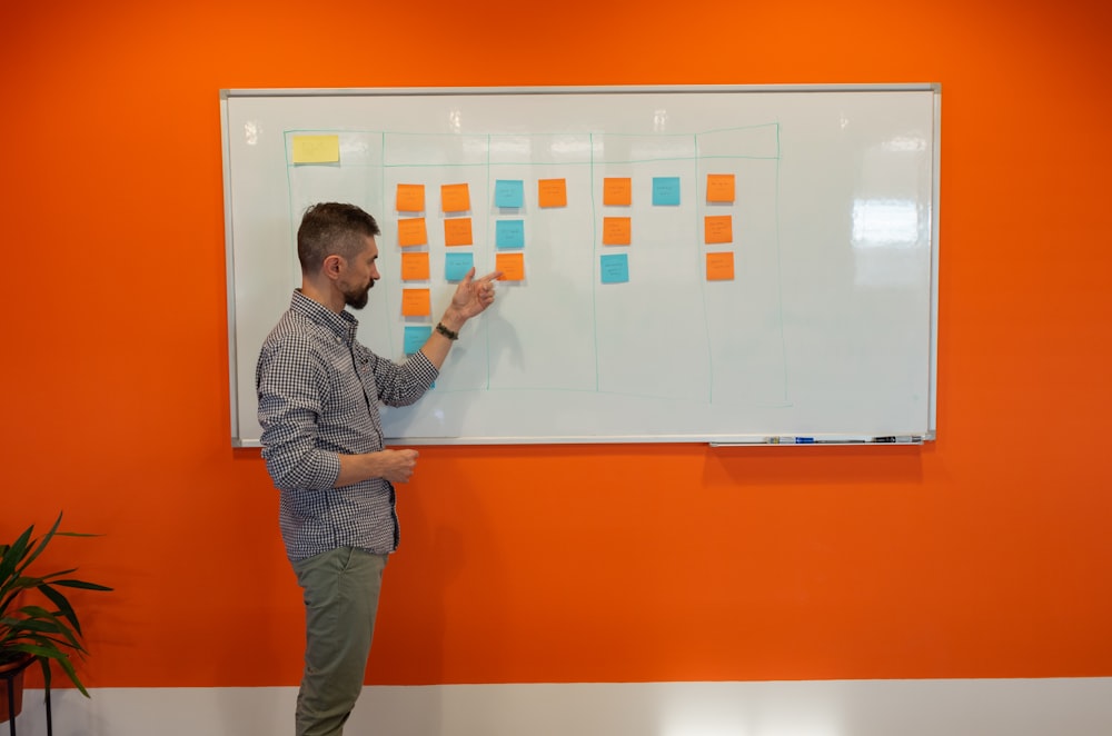 a man standing in front of a white board